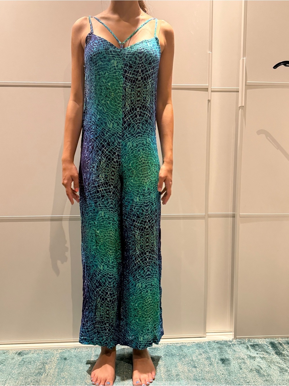 Women’s Teal & Blue Printed Straight-Leg Jumpsuit